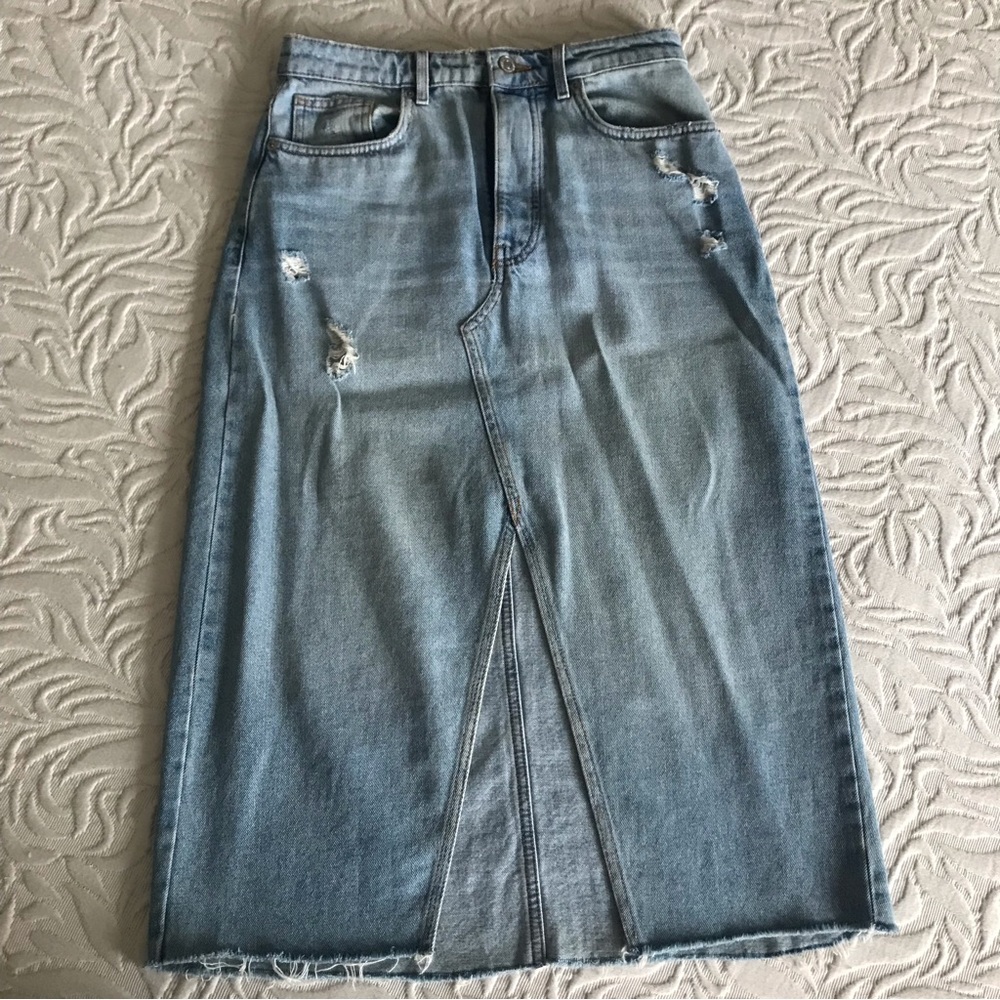 Denim midi skirt | distressed with split seam & unfinished hem